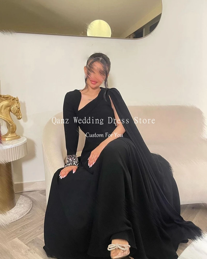 Qanz Elegant Black Mermaid Prom Dresses Long Sleeves Crystals Cape Robe Evening Dresses Beaded Prom Party Dresses Customized