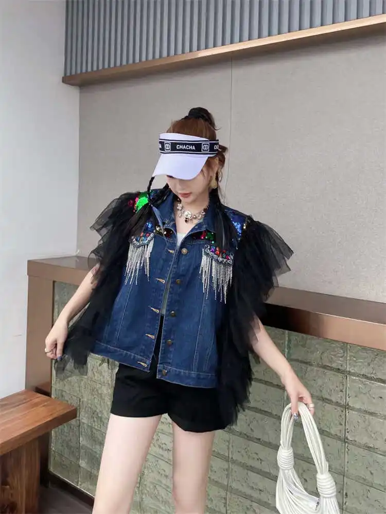 Fashion Brand Heavy Industry Colorful Crystals Tassel Denim Vest Female 2024 Summer New Loose Mesh Patchwork Vest Cardigan Women