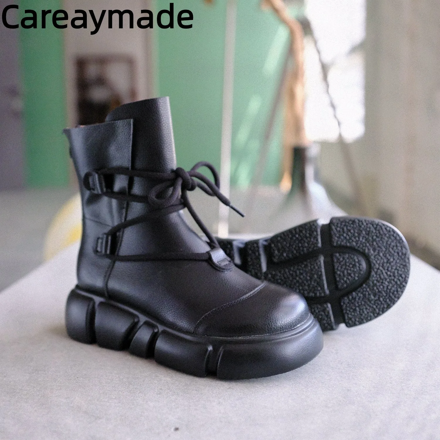 Careaymade-Genuine Leather Original handmade women's boots platform thick sole sloping heel cowhide retro Spring artistic shoes