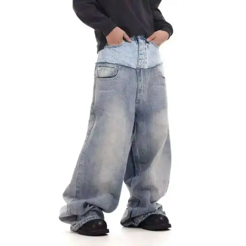 Niche Colorblock Patchwork Wide Leg Blue Jeans Men's Spring 2025 New Straight Double Waist Design Denim Trousers 2V0HB