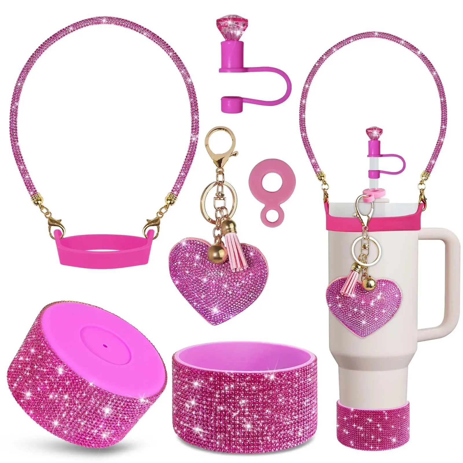 

bling red straw cap Charm chain pendant lot Accessories Initial Keychain Handle cup bottle Tumbler Women