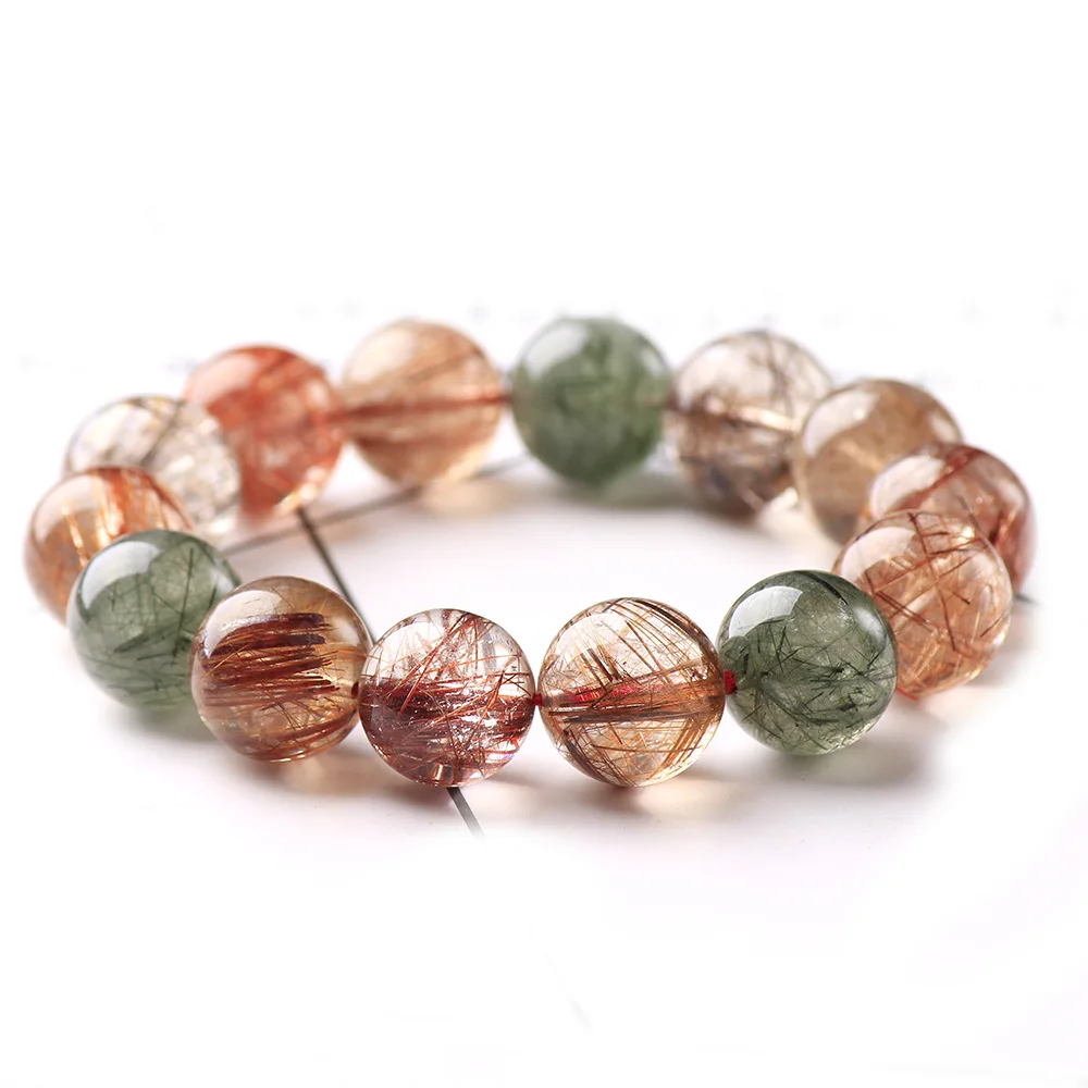 Natural Colorful Rutilated Quartz Beads Bracelet Women Men Red Green Copper Clear Round Beads 8mm 9mm 11mm 12mm 13mm AAAAA