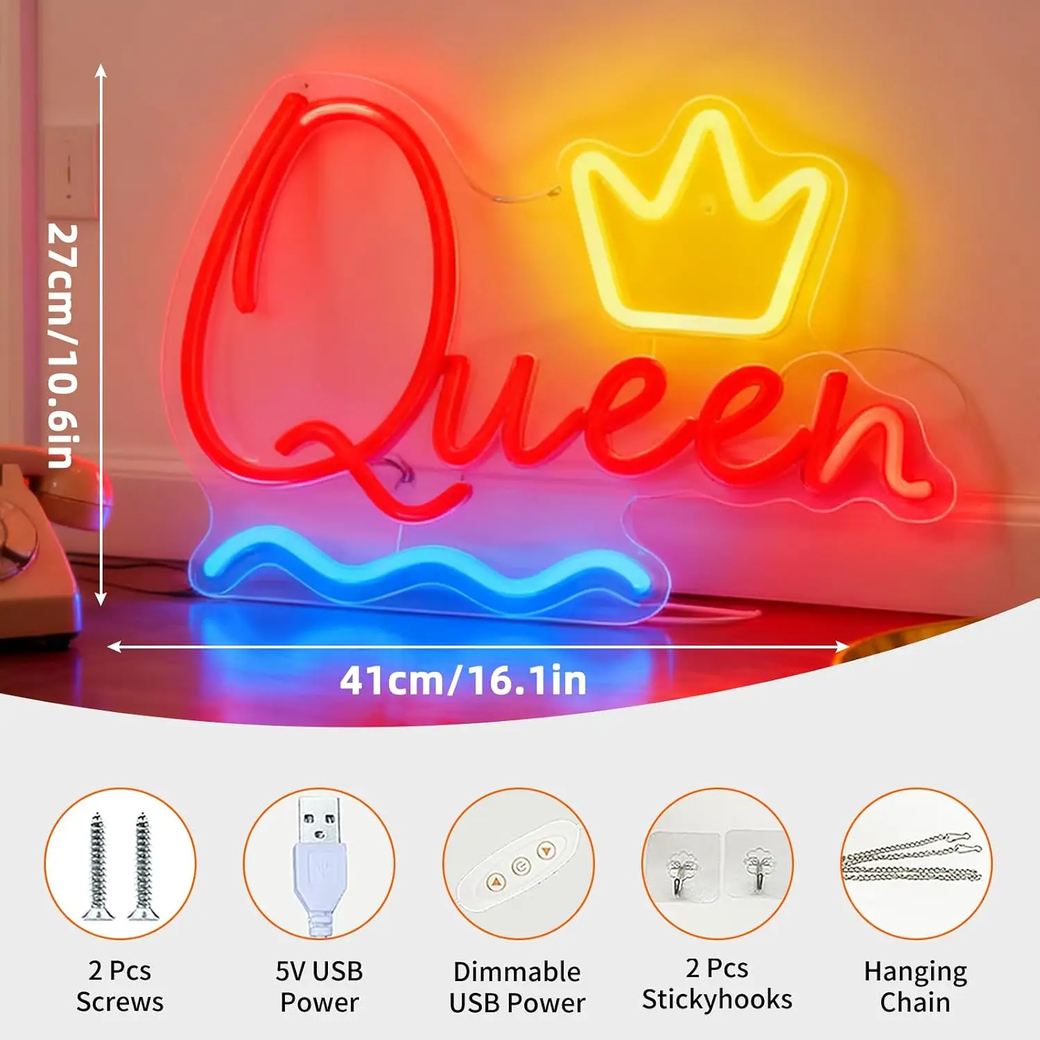 Queen With Crown LED Neon Sign USB Powered Neon Light Wall Decor Christmas Gift for Bedroom Salon Girls Room Party Art Neon Lamp