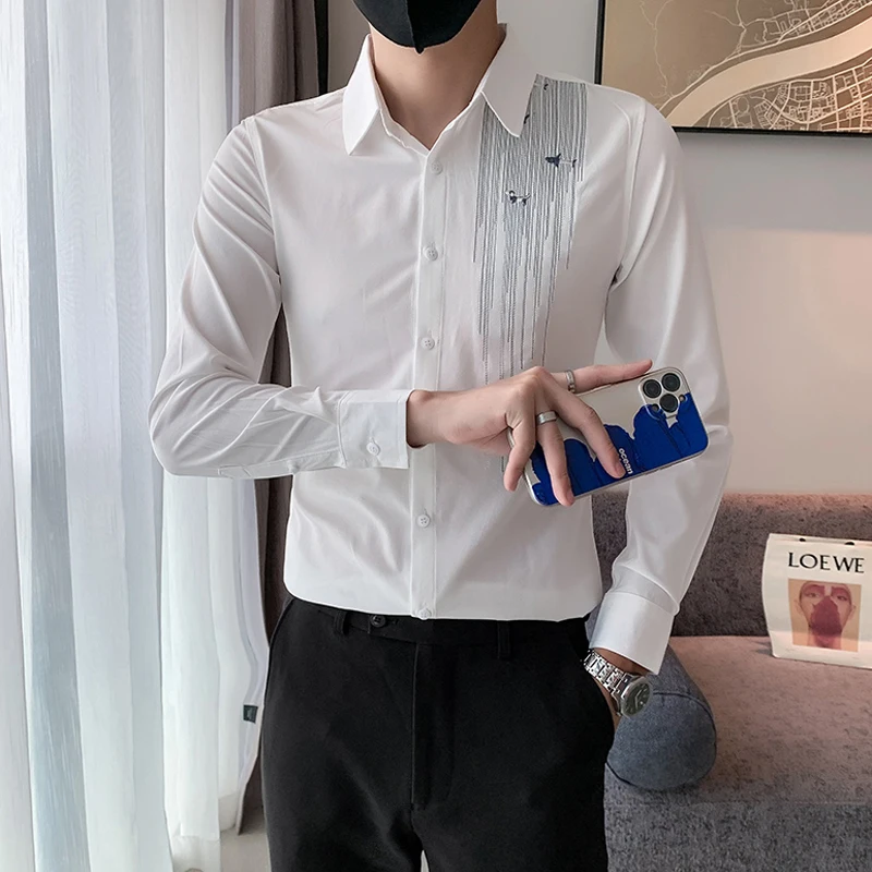 High End Embroidery Mens Fashions Shirts Autumn Turndown Collar Long Sleeve Men Dress Shirt Wedding Prom Button Up Ropa Hombre