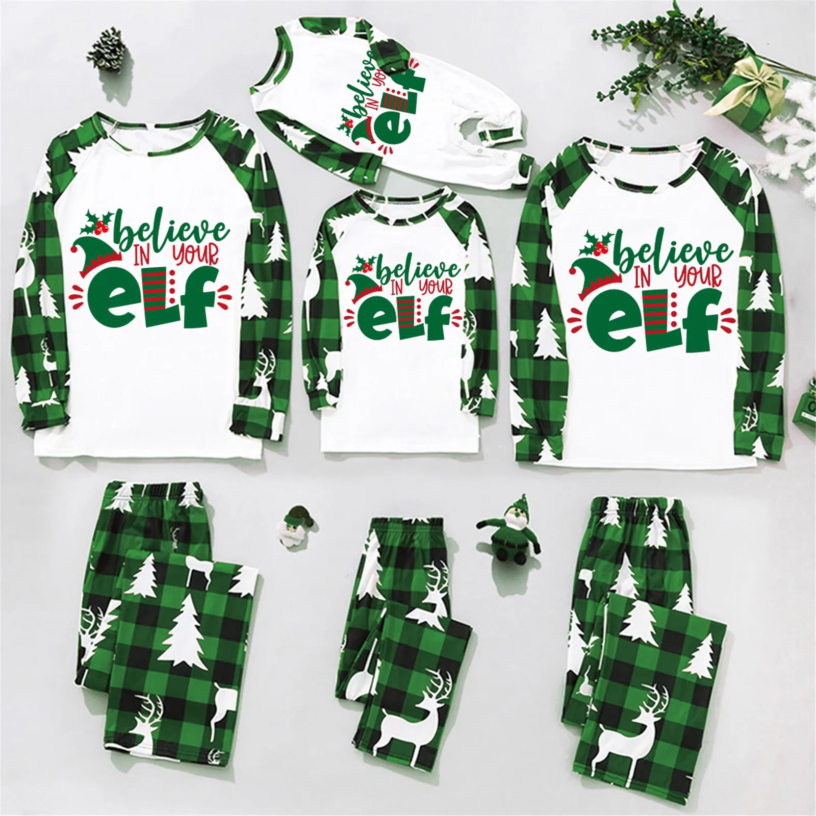 2024 Christmas Family Matching Pajamas Set Christmas Tree Letter Cute Deer Print Long Sleeve Tops and Plaid Pants 2 Pieces Sleep