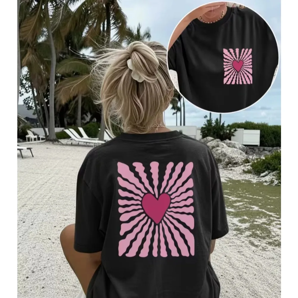 Fresh Style Lady's Tops with Heart and Ray Print Loose and Casual Women'S Top for Spring Summer Round Neck Oversized Men T-Shirt