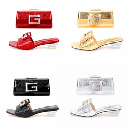 Nieuwste Kristallen Dikke Hak Stenen Patroon Plus Maat Slippers Maat 35-45 Diamant Clutch Diner Dames Schoenen En Tas Pak