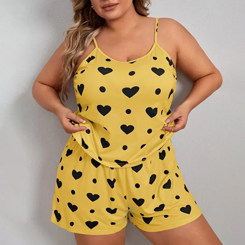 Plus Size Heart Print Women Pajama Set Sleeveless O Neck Crop Top & Elastic Waist Shorts 2 Pieces Female Sleepwear Nightwear