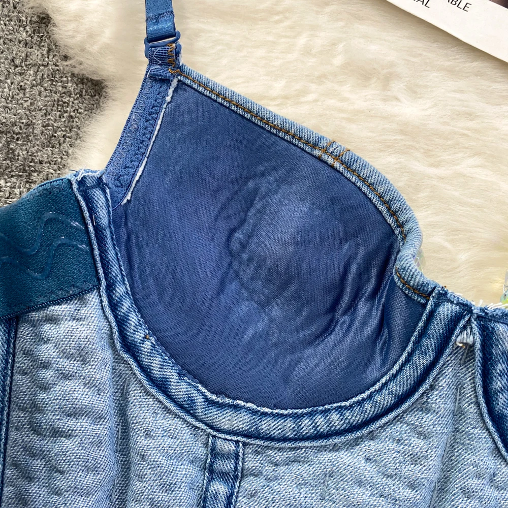 Women Summer Denim Camisole Corset Top Build In Bra Crystal Diamonds Pearl Luxury Jeans Tops High Street Club Party Nightwears