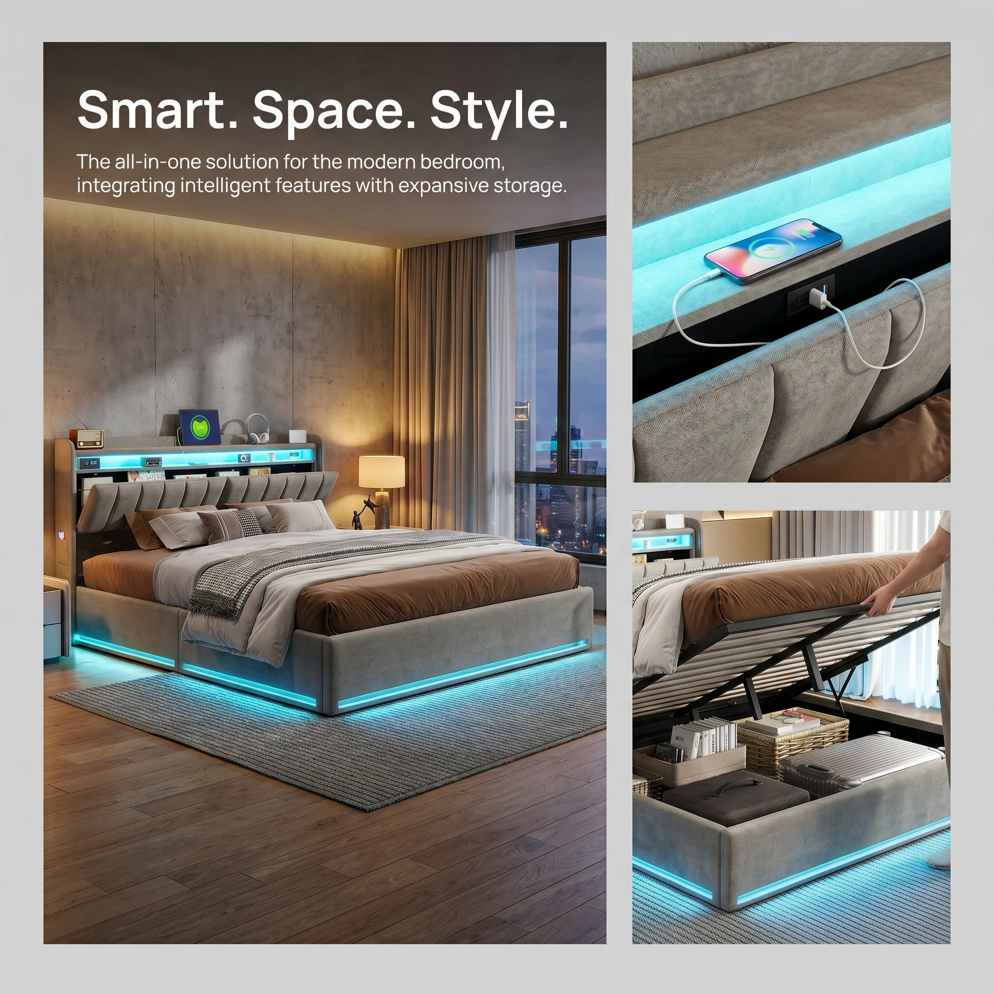 Rosahqnda Polsterbett, 140 x 200 cm, mit LED-Beleuchtung und USB-Anschluss, offener/geschlossener Stauraum, Einzel-/Doppelbett, Lattenrost, Samt