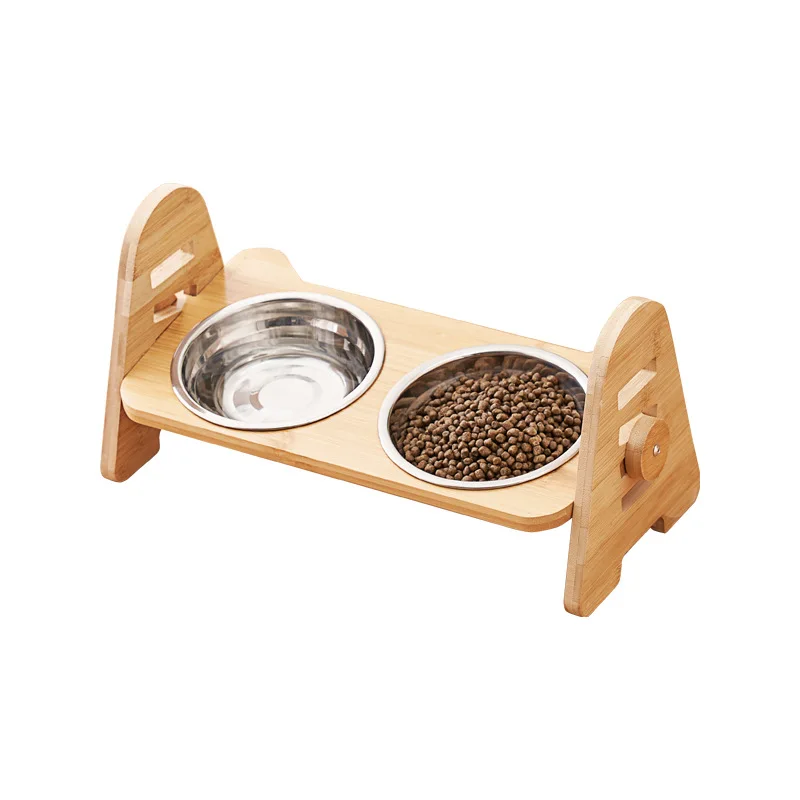 Bamboo Elevated Puppy Cat Bowls with Stand Adjustable RaisedCat Food Water Bowls Holder Rabbit Feeder for Small Medium Pet