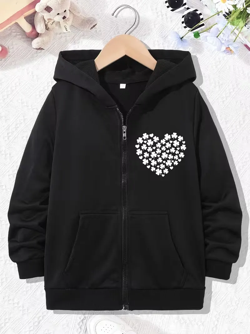 Graphic Casual Hoodie Flower Love Heart Print Jacket for Boys Girls Zipper Spring Autumn Trendy Cartoon Sweatshirts Zip Up