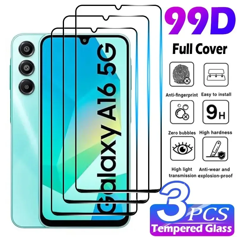 3 PCS Full Cover Full Glue Tempered Glass For Samsung Galaxy A16 4G Screen Protector Glass For Samsung A16 5G Film 6.7 inch