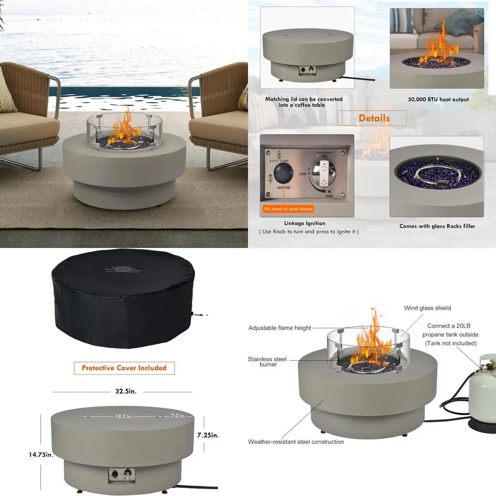 

Стол для костра на пропане на открытом воздухе с ветрозащитным экраном, 32,5-дюймовый круглый бетонный газовый стол для патио, 50 000 БТЕ для улицы Livi