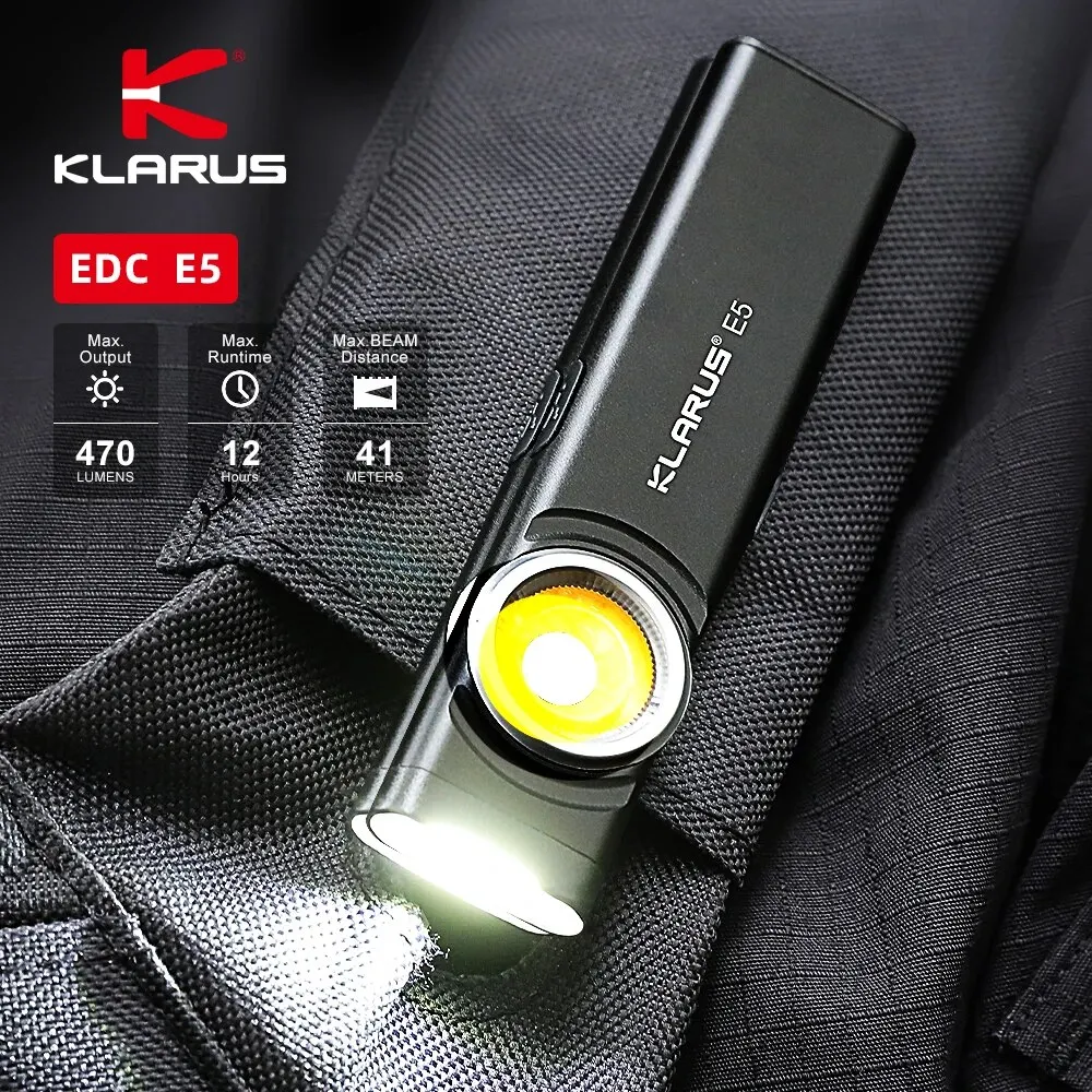 Klarus E5 COB Flashlights Magnetic Dual Light Torch 8 Lighting Modes USB C Rechargeable EDC Flashlight Strobe for Emergency Use