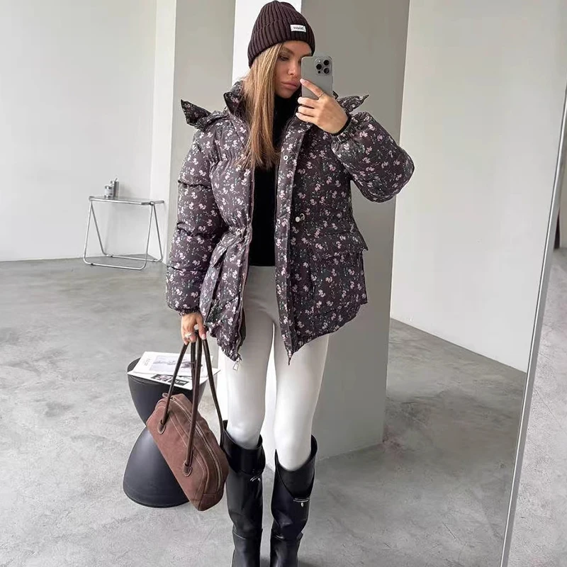 Tornova Modna Kurtka z Kapturem z Nadrukiem, Bawełniana, Damska, Sznurowana, Nowość Jesień Zima 2025, Ciepły Płaszcz, Do Pracy, Na Wakacje, Damska Kurtka