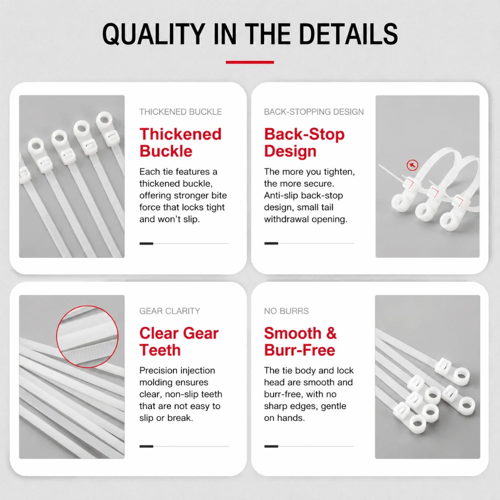 100Pcs Nylon Cable Tie Gear Self Lock Buckle Multi Wire Wrap Wire Sort Accessory Hard Plastic Shell Screw Fix Hole