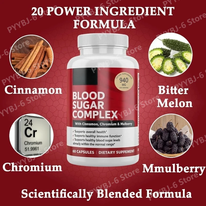 Blood Sugar Complex–20 Active Ingredients Including Cinnamon Chromium Bitter Melon Mulberry 60Capsules Supports Immune Function