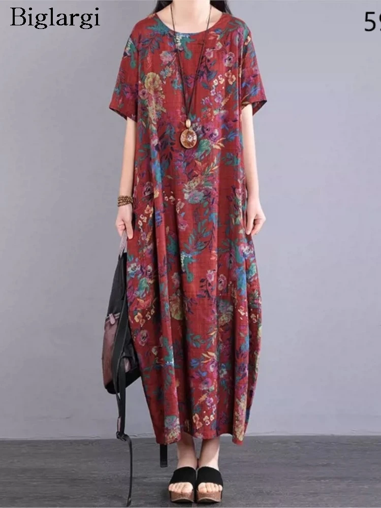 

Oversized Flower Floral Print Summer Pullover Long Dress Women Loose Ruffle Pleated Fashion Ladies Dresses Casual Woman Dress