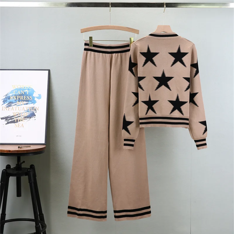 Korean Autumn Knitted Pants 2 Piece Set Fashion Long Sleeve O Neck Short Cardigan  Casual Elegantes Wide Leg Pantalones Outfits