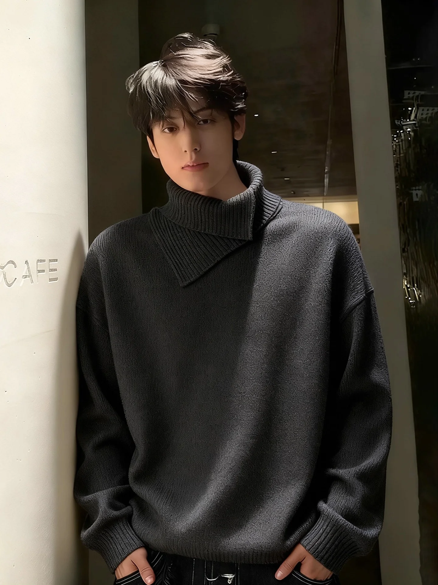 

Мужской вязаный свитер с высоким воротником Deep ey Thiened, зимний, теплый, с инновационным дизайном, повседневный, укороченный, стандартный крой