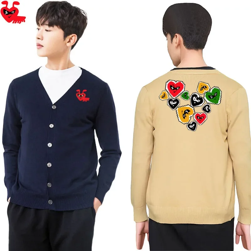 Break Egg Men V-neck Cardigan Cotton Ant Embroidered Colorful Multi Heart Printed Single Breasted Long Sleeve Autumn Sweater