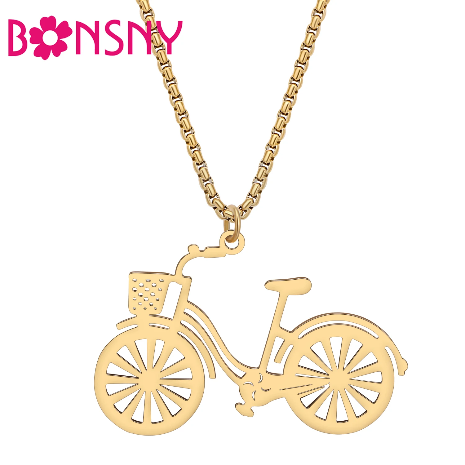 BONSNY Stainless Steel Funny Bicycle Necklace Gold Plated Silver Bike Pendant Chain Jewelry For Women kid Gifts Accessories