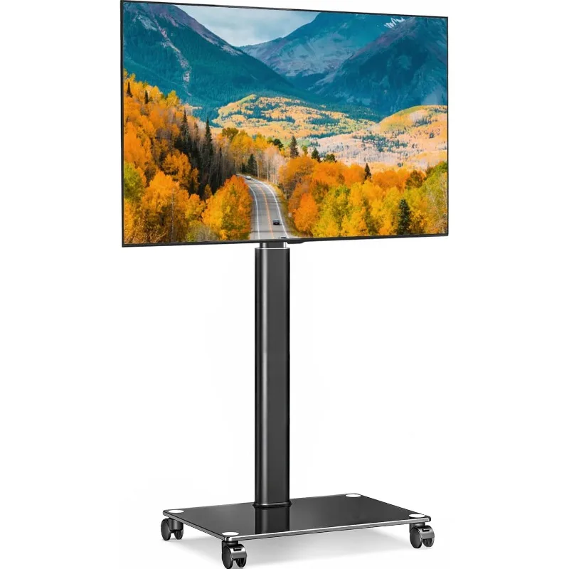 Mobile TV Stand with Wheels for 32-60 65Inch TV Screen, Rolling Floor Stand with Mount,Cart with Black Tempered