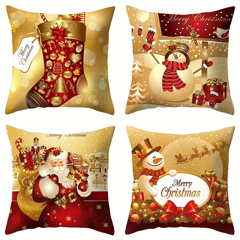 4pcs Golden Snowman Christmas Pillow Covers, Peach Skin Velvet Soft Texture, for Indoor Outdoor Home Party Decor, Gift Idea