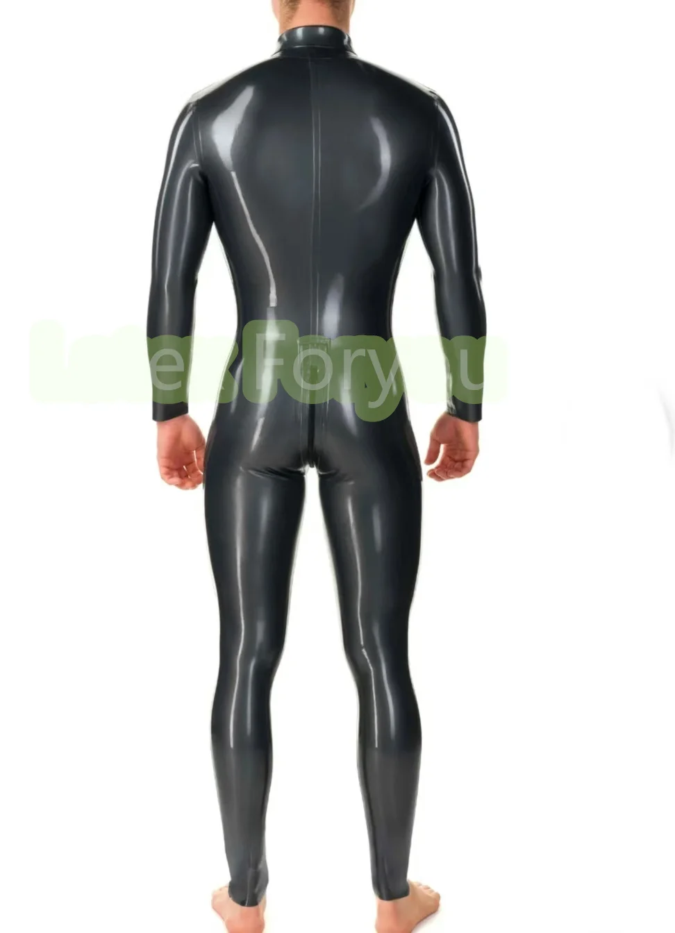 Natural Latex Fetish Catsuit Men Latex Rubber New Design Male Bodysuit With Fold Collar  Front to Crotch Zipper