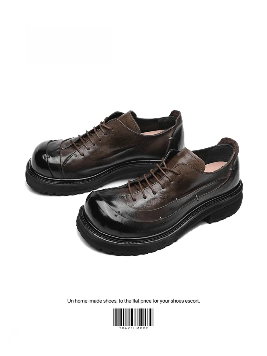 UNZIZHI Original Design Horsehide  Shoes Genuine Leather Black Heightening Thick Bottom Large Head Commuter Unisex Shoes