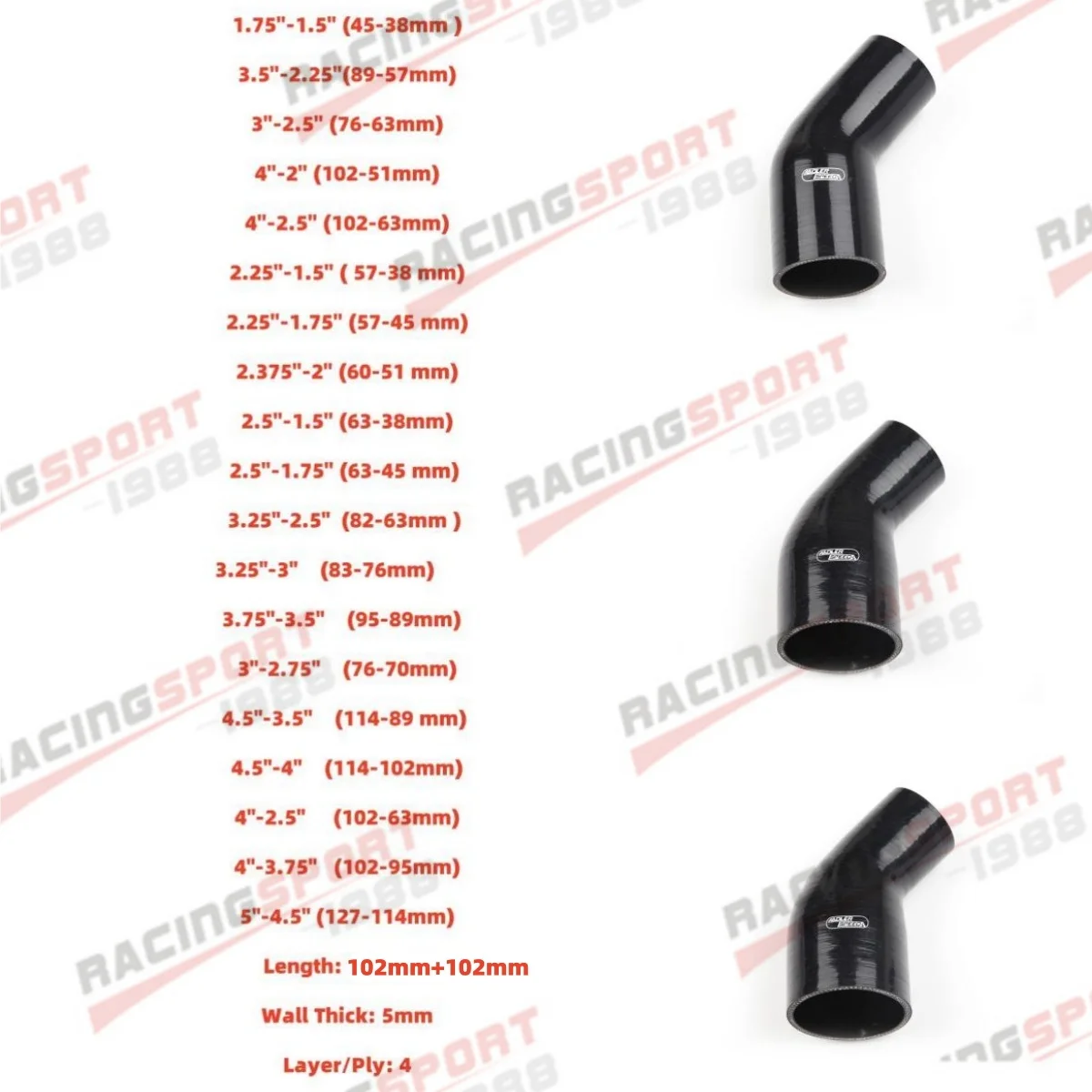 4PLY 102mm Length ID70 74 75 76 79 80 83 84 85 89 90 100 102 110 108 127mm 45 Degree Reduce Elbow Silicone Intercooler Hose