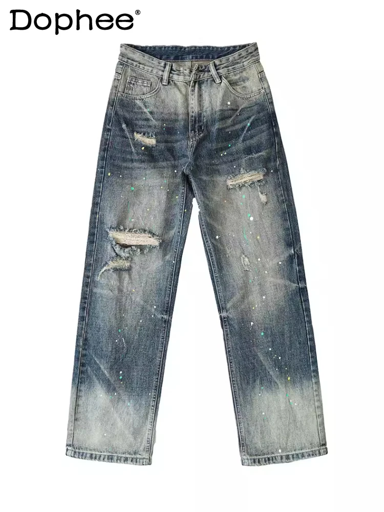 

2026 Men's Spring New Chic Loose Straight Denim Pants Splashing Ink Hole Design Jeans Men's High Street Graffiti Denim Trousers