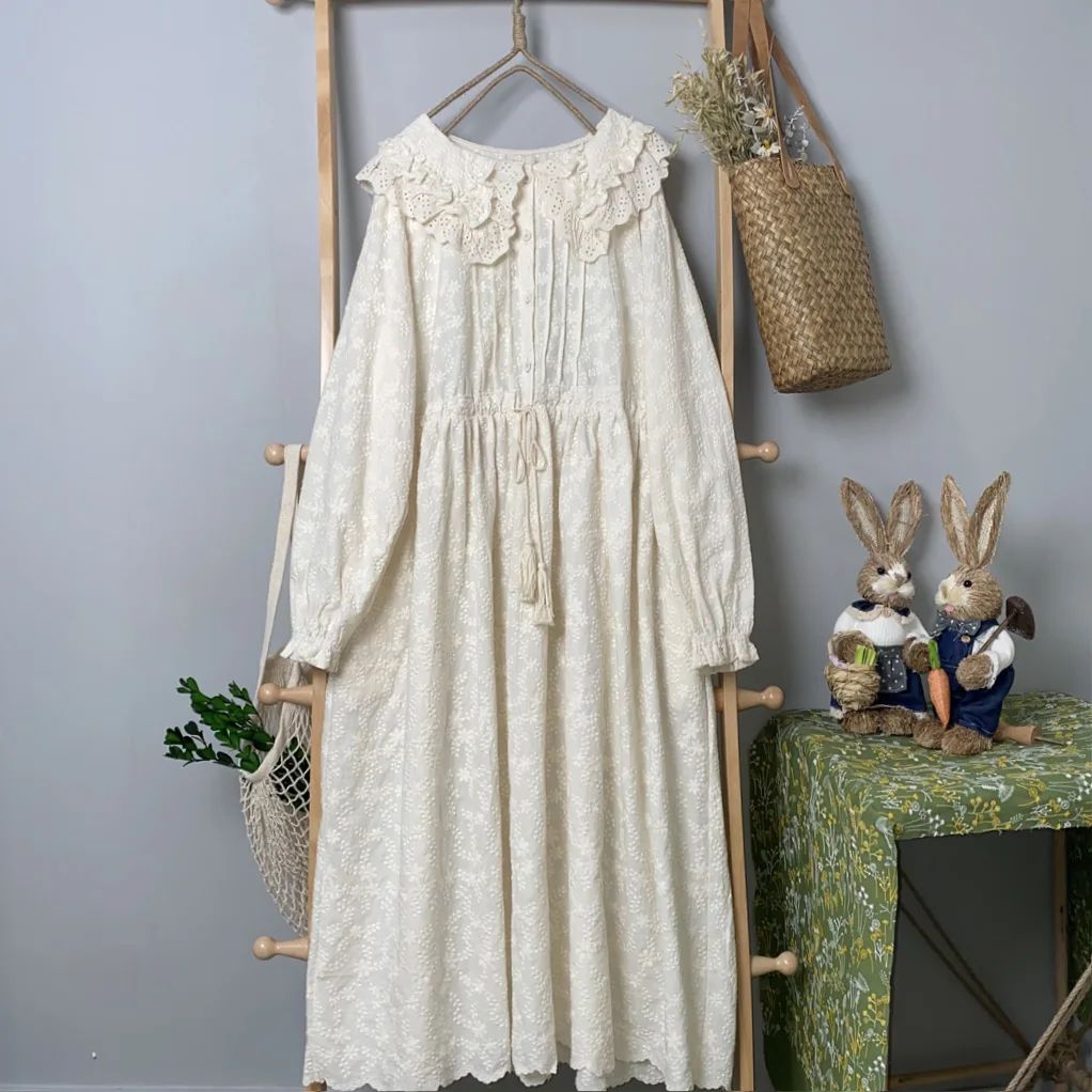 2023 Mori Girl Mid-Length Dress Spring New Solid Color Embroidery Sweet Age-Reducing Large Swing Skirt