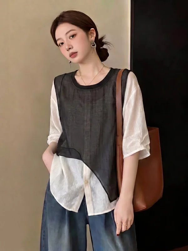 

Summer New plus Size Women's Shirt Mesh Short Sleeve Irregular Mid-Length Korean Style Commute Wind Loose Fit round Neck Top