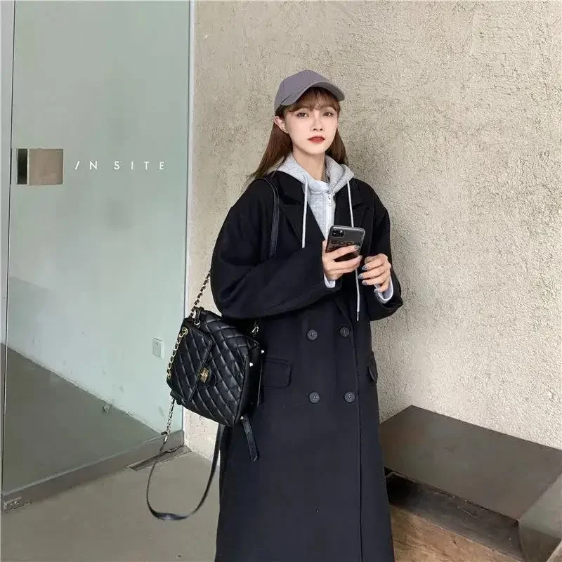 الكورية نمط الشتاء سترة وهمية قطعتين الصوف مزيج سميكة منتصف طول معطف مقنع المرأة ألياف البوليستر كم كامل #2