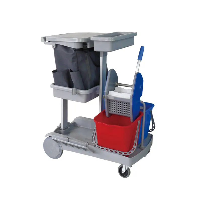 

Professional Janitorial Supplies Plastic Hotel Cleaning Trolley With Down Press Double Mop Wringer Bucket