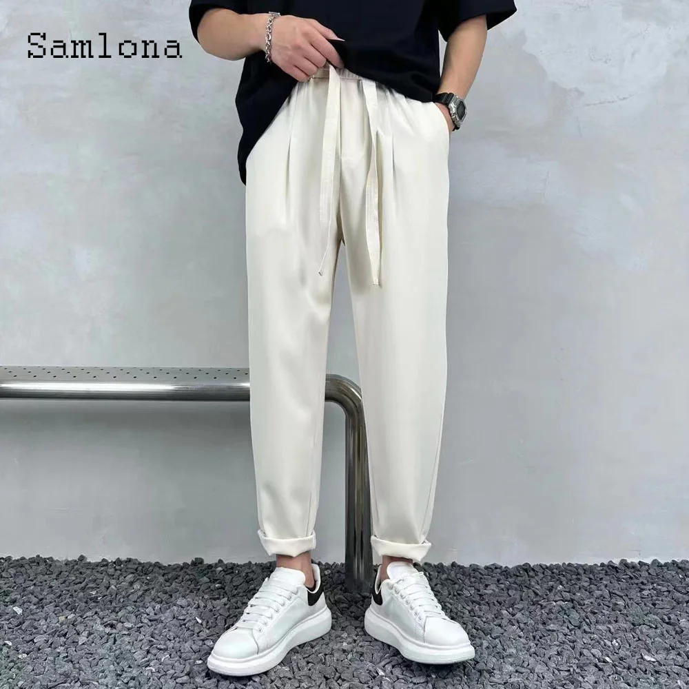 

Samlona 2024 Men Casual Drawstring Pants Solid White Soft Harajuku Stand Pocket Trousers Men Elegant Fashion Basic Sweatpants