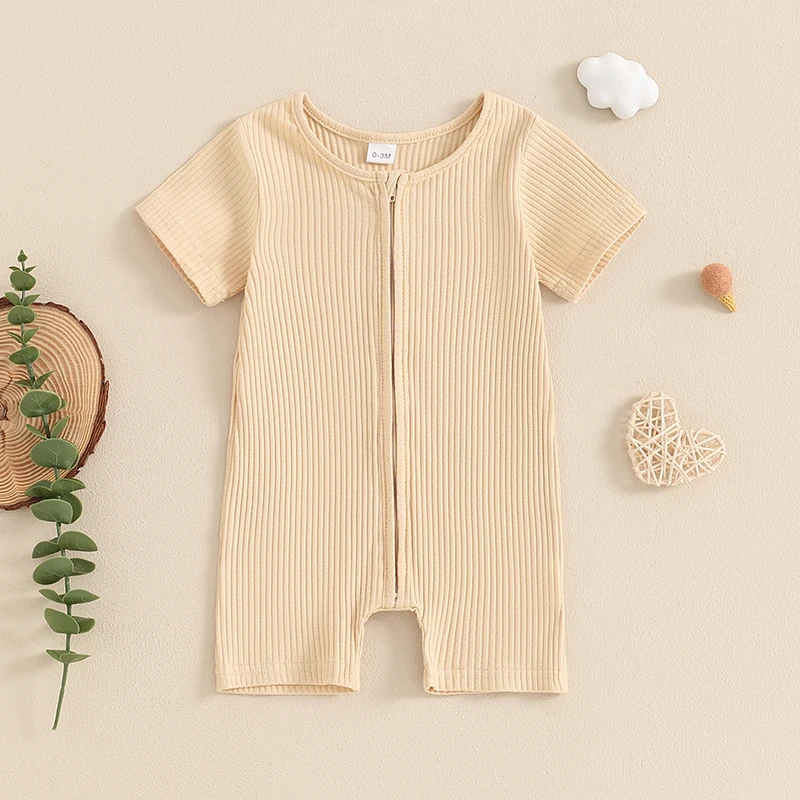 Summer Infant Baby Boy and Girl Overalls Casual Short Sleeve Round Neck Full Zip Ribbed Romper Jumpsuit Newborn Clothes