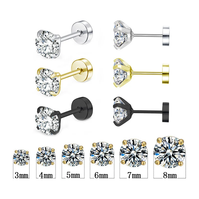 1 Pair/2 Pcs Stainless Steel Round Crystal Zircon Dumbbell Stud Earrings For Men Women 4 Prong Tragus Cartilage Piercing Jewelry