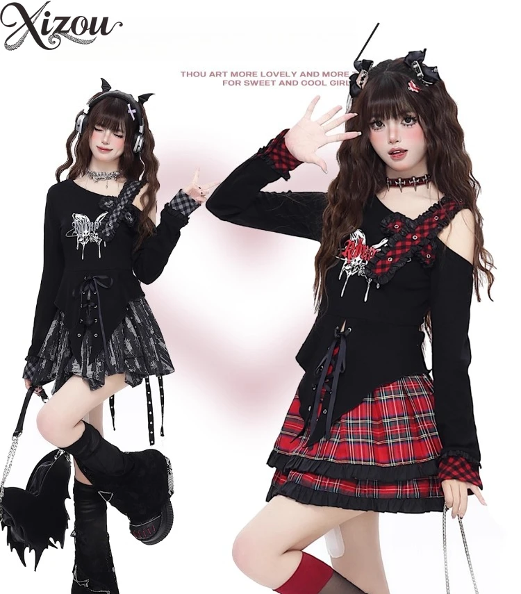 

Summer Women Y2K Tops Off-Shoulder Tee High-Waist Streetwear Style Long Sleeve Tees Collar Lace-up Women's T-Shirts 2025