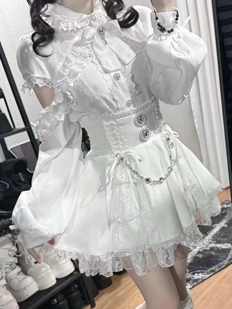 

High Waist JK Japanese Style Mini Cake Skirt Women 2025 New Aesthetic Kawaii Fairy Bandage Skirt Retro Lace Sweet Casual Skirt