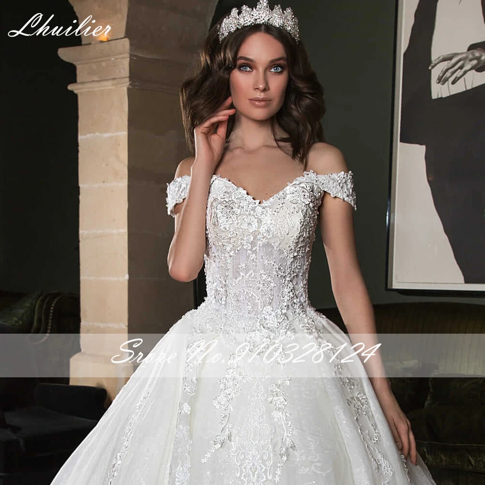 Lhuilier Women's Ball Gown Lace Wedding Dresses Off the Shoulder Floor Length Beaded Bridal Gowns with Cathedral Train