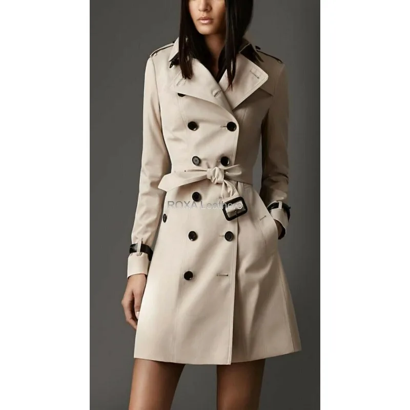 

Women's Lambskin Leather Long Trench Coat Beige Double Breasted Overcoat Belted