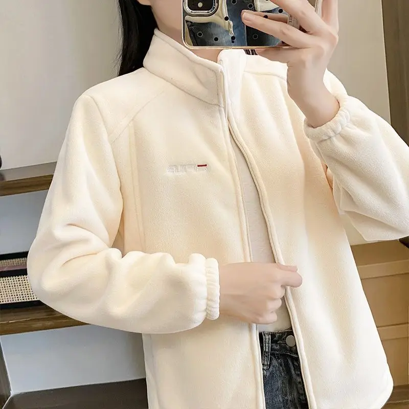 Women's Plush Velvet Thickened Sweatshirt Fleece Spring Autumn Outdoor Jacket Casual Warm Standing Collar Inner Lid