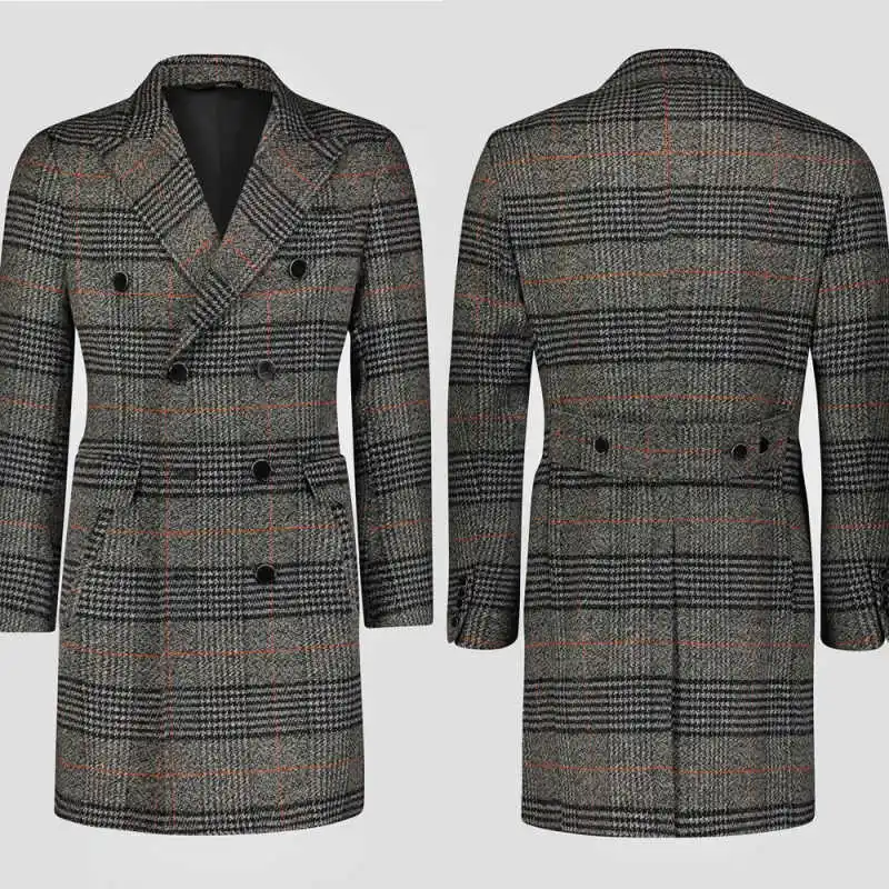 Cappotto da uomo moderno in misto lana a griglia Cappotto doppio petto in 1 pezzo Cappotto invernale spesso caldo formale da lavoro causale quotidiano personalizzato