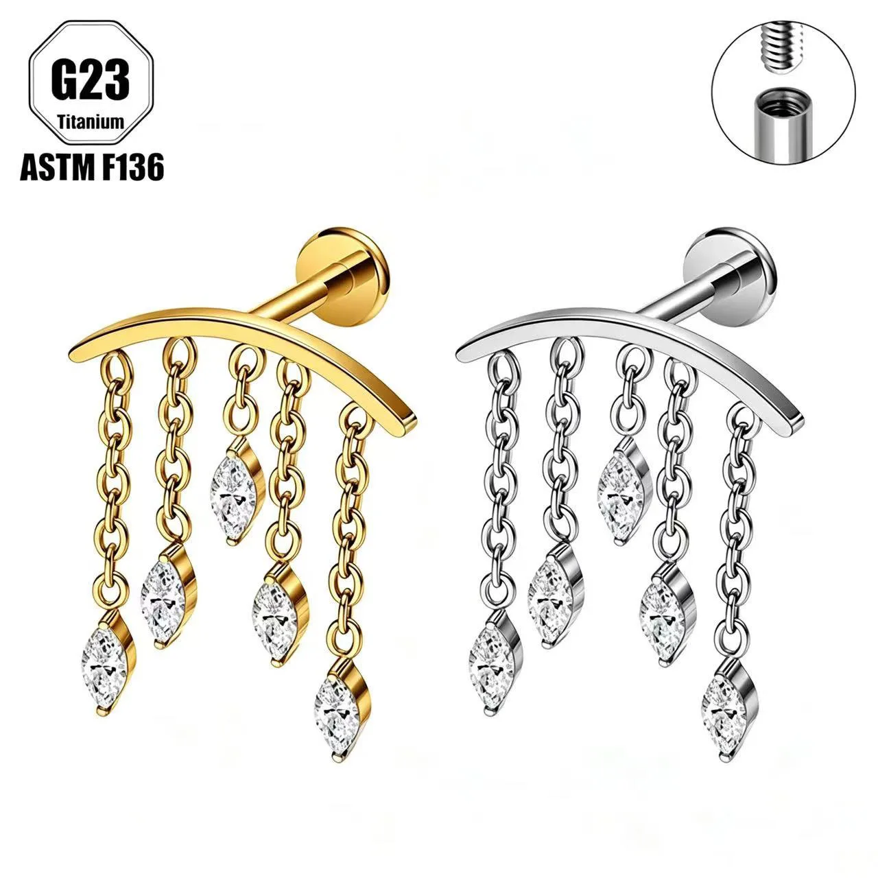 ASTM F136 Titanium 16G CZ Drape Chain Flat Back Stud Internal Thread Ear Cartilage Earrings Tragus Helix Conch Piercing Jewelry