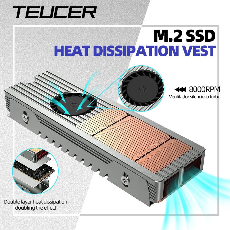 Teucer M.2 NVME SSD 방열판, 구리 및 알루미늄 구조, 저소음 선풍기 능동 냉각, 2280 솔리드 스테이트 드라이브 쿨러
