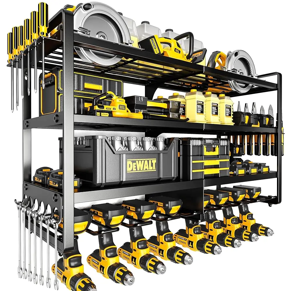 

Large Power Tool Organizer Wall Mount,4 Layers Heavy Duty Metal Loads 400Lbs,Power Tool Shelf Battery Storage With 8 Cordl