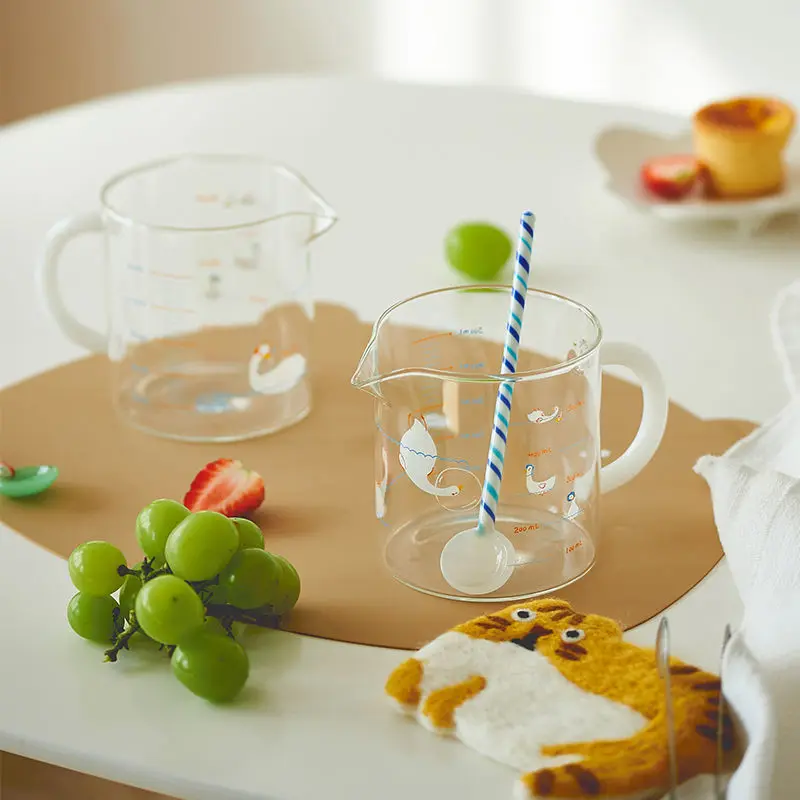 Glass Measuring Cup with Scale Handle Cartoon Sticker High Temperature Resistant Microwave Transparent Cup Milk Coffee Cups
